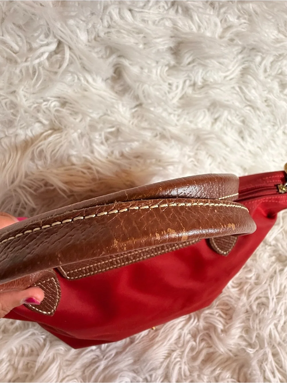 Original Longchamp Red Nylon Tote with Brown Leather Trim small